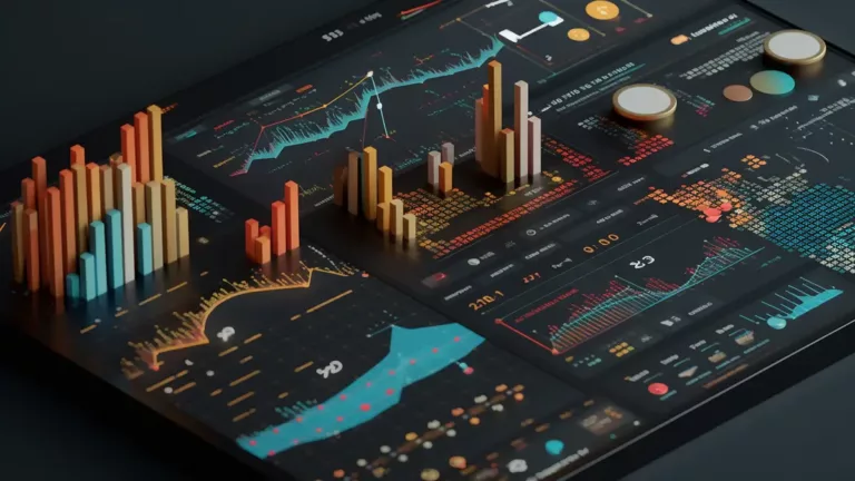 three dimensional image of charts and graphs depicting data analytics