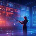 a woman looking at a wall made of computer monitors