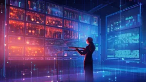 a woman looking at a wall made of computer monitors