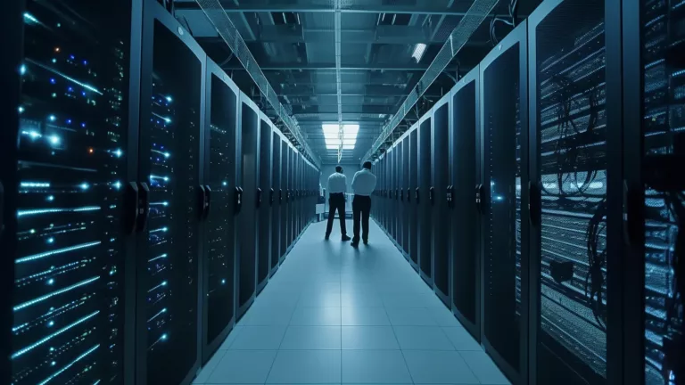 a row of data servers with two men looking over them