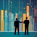 two men looking at a big screen showing charts