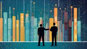 two men looking at a big screen showing charts | the data governor