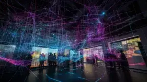 photograph of a vast network of interconnected nodes and lines symbolizing data sources in a futuristic digital space
