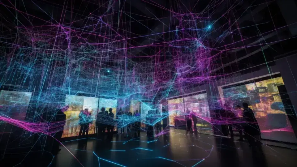 Photograph of a vast network of interconnected nodes and lines symbolizing data sources in a futuristic digital space