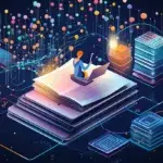 an illustration of a girl sitting on a pile of books learning data science