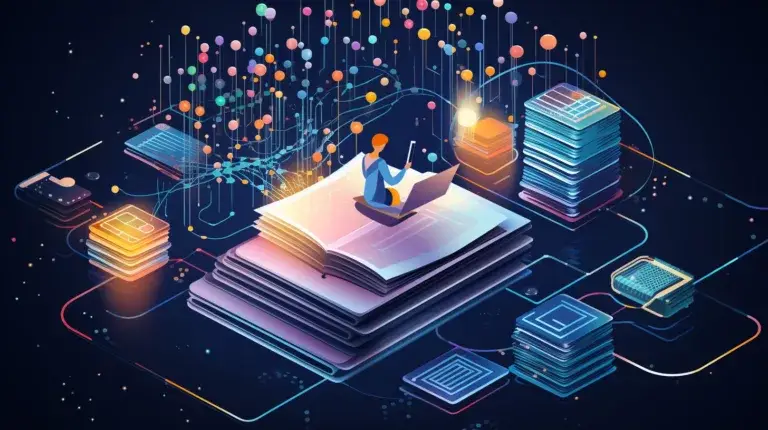 an illustration of a girl sitting on a pile of books learning data science