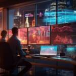 two people sitting in a control screen watching information on the computer screen