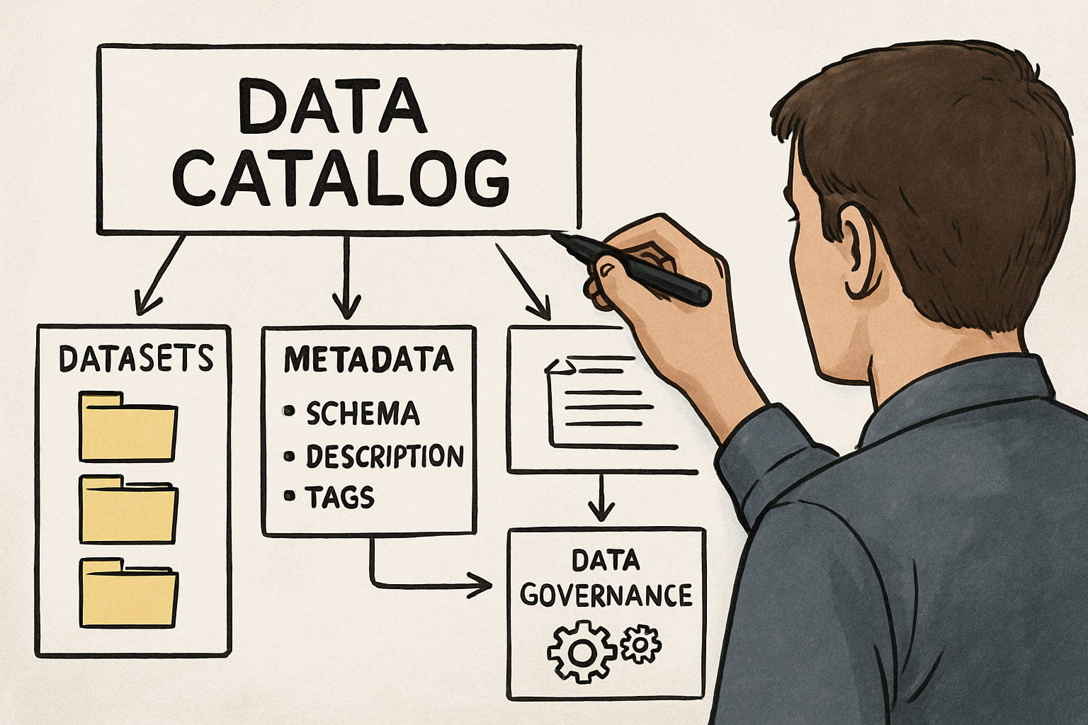 a photorealistic image of someone diagramming a data catalog