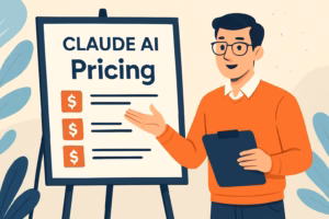 Presenter explains Claude AI pricing on a signboard with dollar icons and list lines.