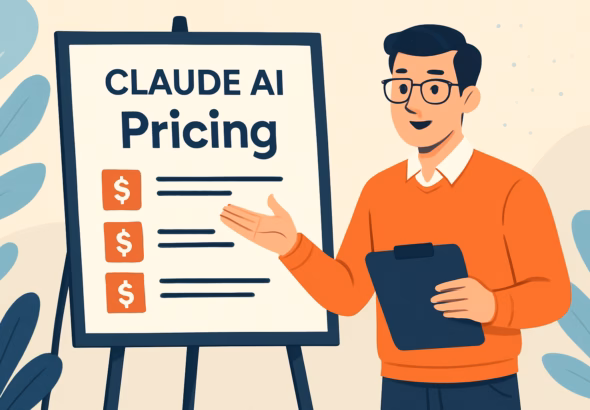 Presenter explains Claude AI pricing on a signboard with dollar icons and list lines.