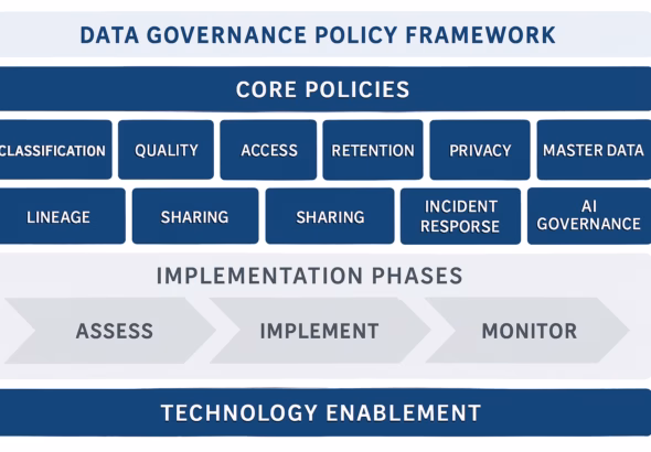 Data governance policy framework diagram showing 10 core policies (classification, quality, access, retention, privacy, master data, lineage, sharing, incident response, AI governance) with implementation phases